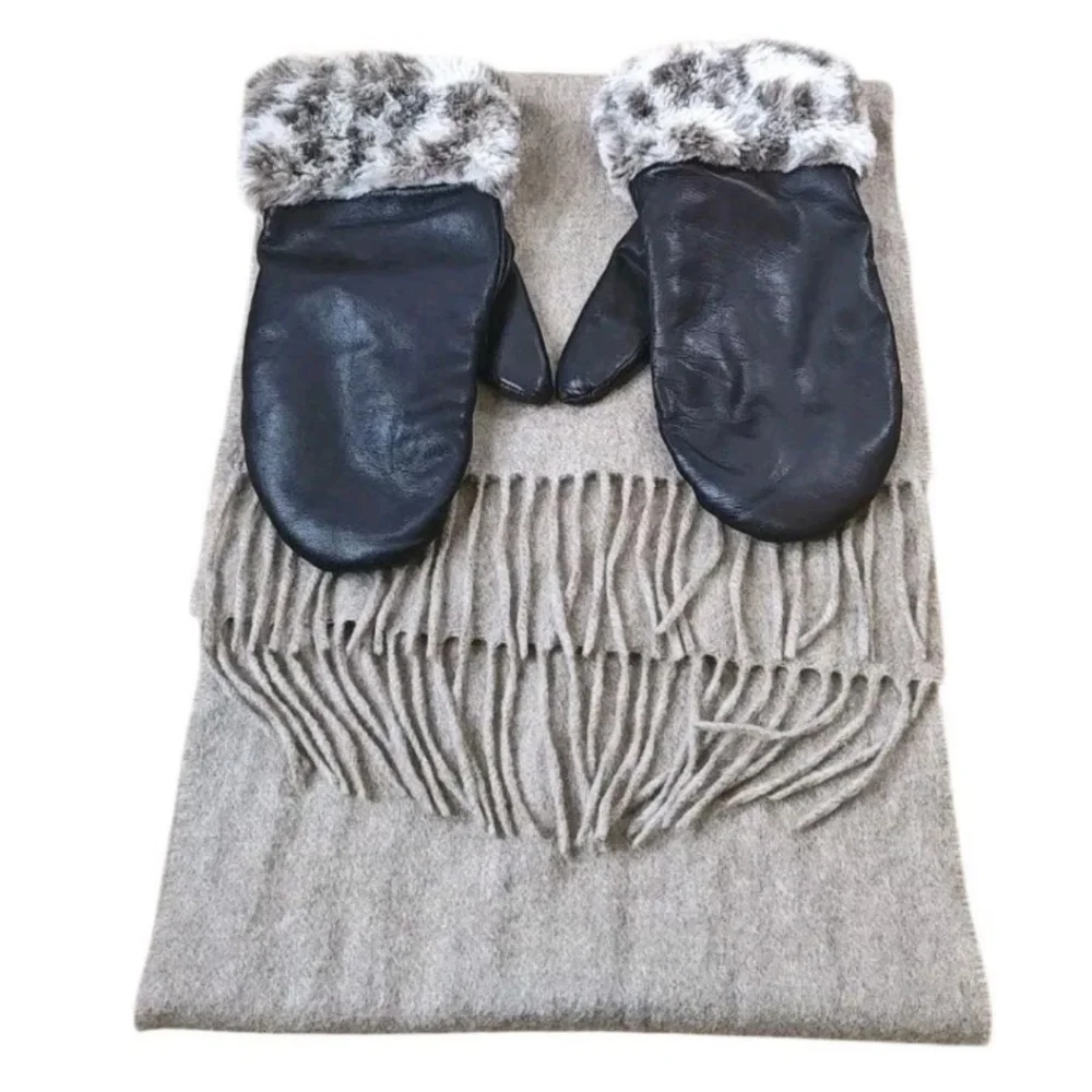 Lands End Cashmere Cuffs Leather Gloves Mittens Size Sm Med Fringed Scarf Beige